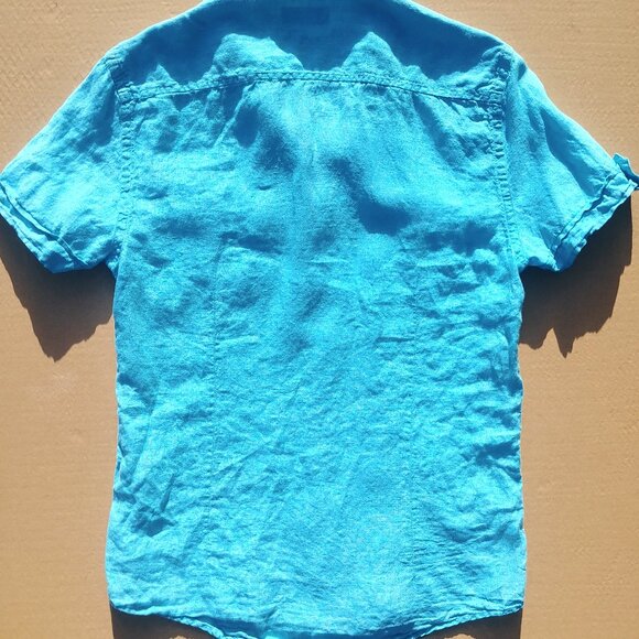 100% linen bright blue Mens linen shirt tailored fit approx Small - Picture 4 of 9